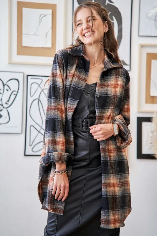 ADORA Full Size Button Down Flannel Shacket Plus Size