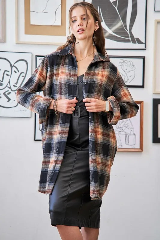 ADORA Full Size Button Down Flannel Shacket Plus Size