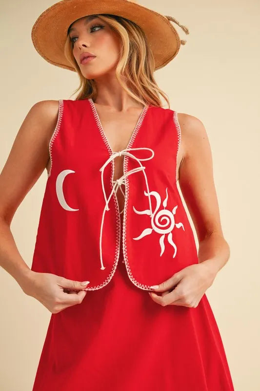 Aemi+Co Embroidered Tied Front Vest Coat