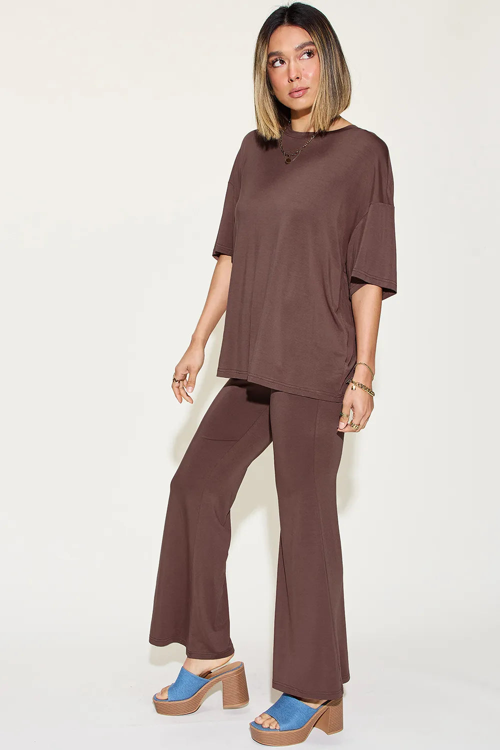 The🫧Rose🫧Garden | Basic Bae Full Size Bamboo Drop Shoulder T-Shirt and Flare Pants Set-The🫧Rose🫧Garden