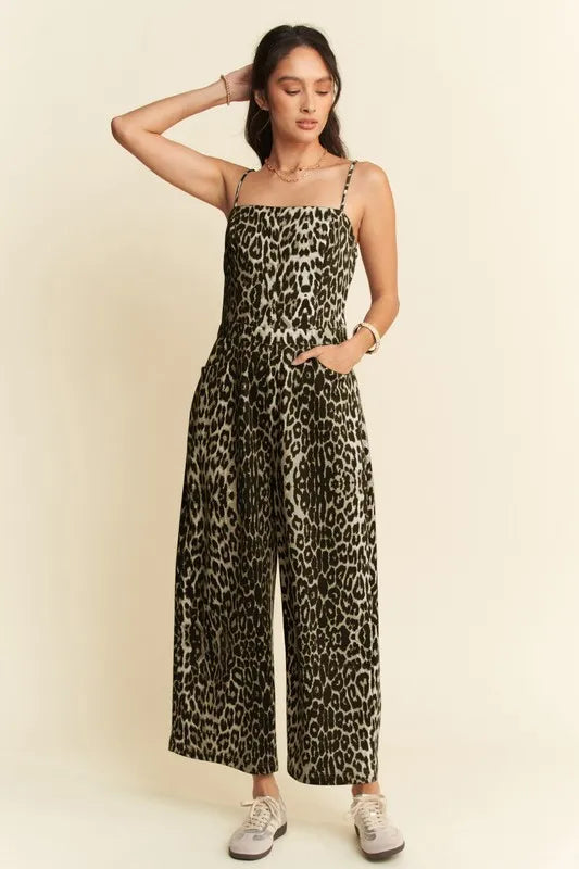 The🫧Rose🫧Garden | Davi & Dani Leopard Spaghetti Straps Wide Leg Jumpsuit