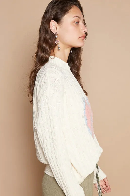 The🫧Rose🫧Garden | POL Cable-Knit Peace Patch Dropped Shoulder Sweater