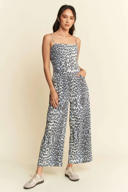 Davi & Dani Leopard Spaghetti Straps Wide Leg Jumpsuit