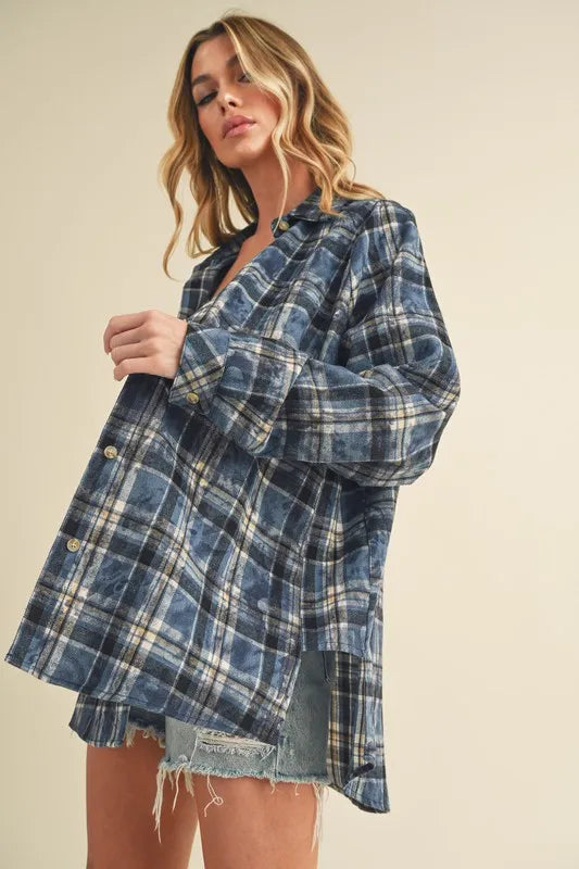 Aemi + Co Washed Plaid Flannel Side Step Hem Shirt