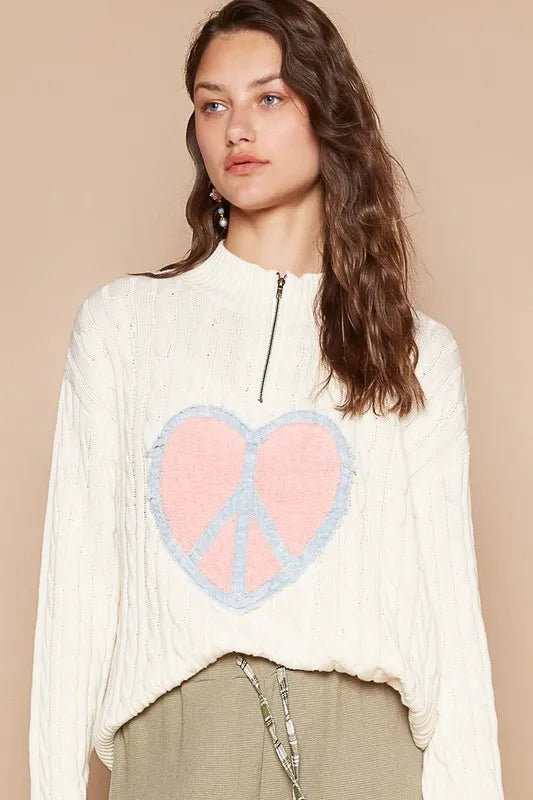 The🫧Rose🫧Garden | POL Cable-Knit Peace Patch Dropped Shoulder Sweater