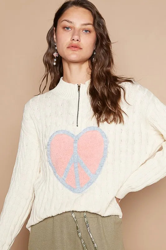 The🫧Rose🫧Garden | POL Cable-Knit Peace Patch Dropped Shoulder Sweater