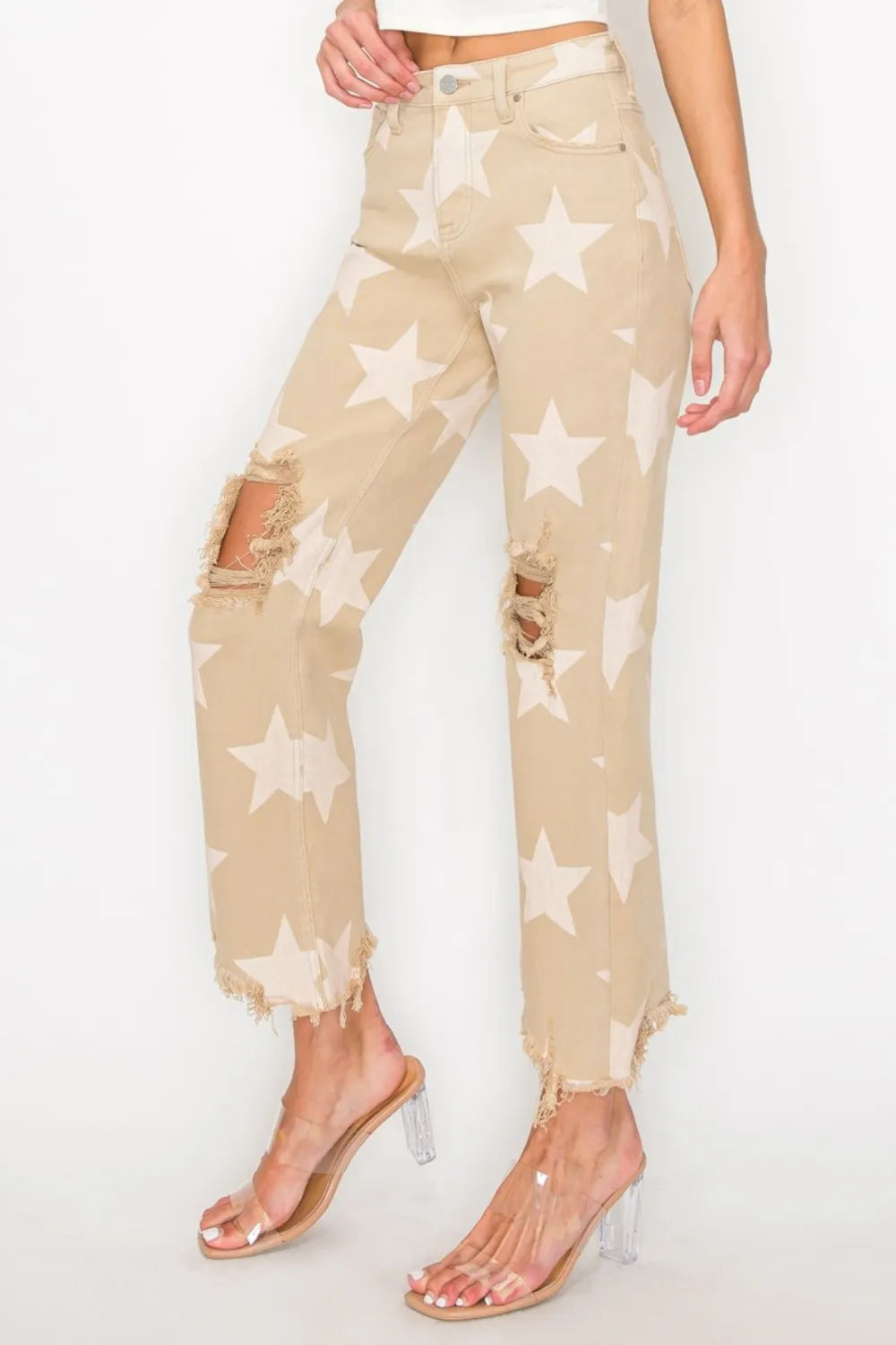 The🫧Rose🫧Garden | RISEN Full Size High Rise Star Printed Frayed Hem Jeans-The🫧Rose🫧Garden